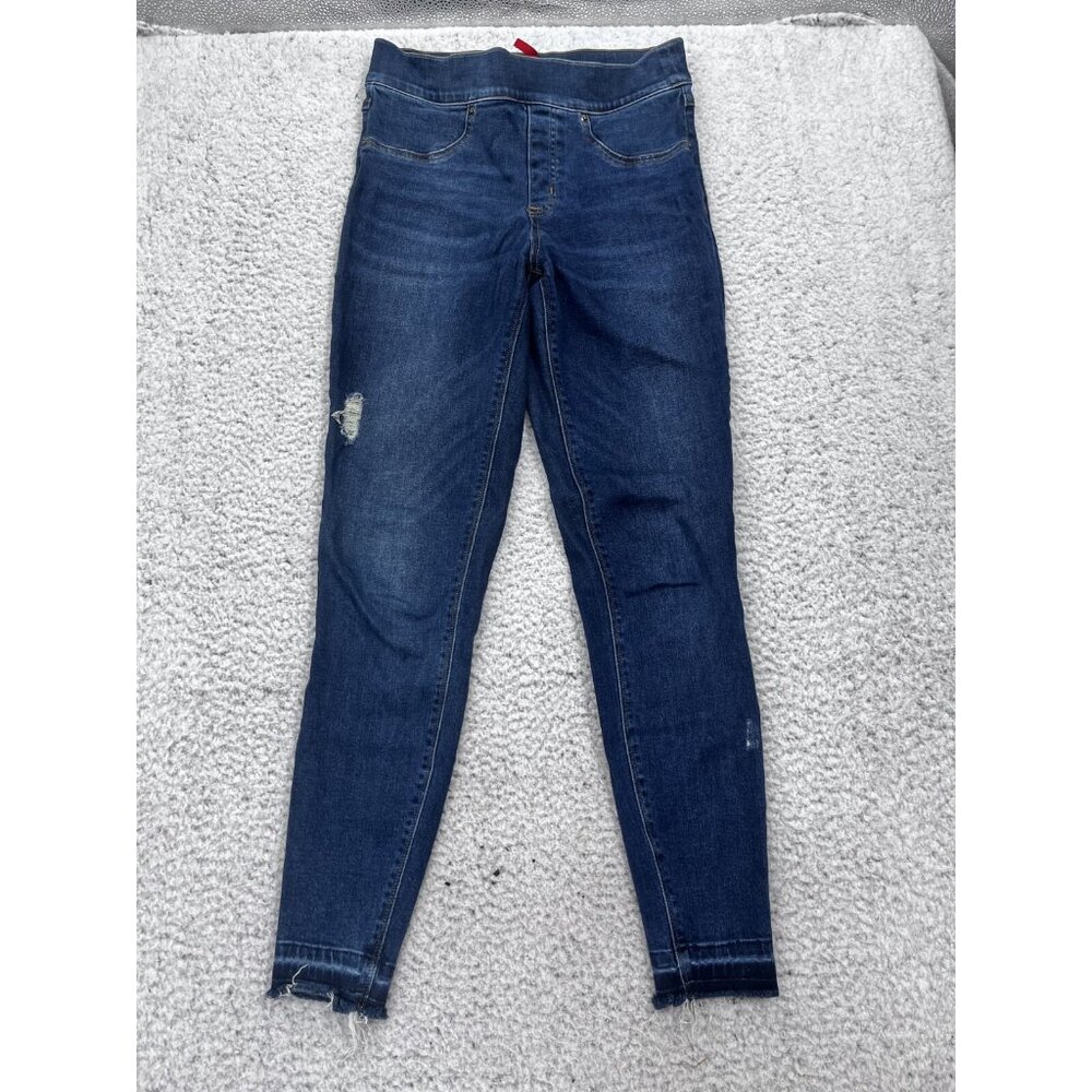 Women's Spanx Dark Wash Skinny Pull On Distressed Denim Jeans Raw Hem Size S